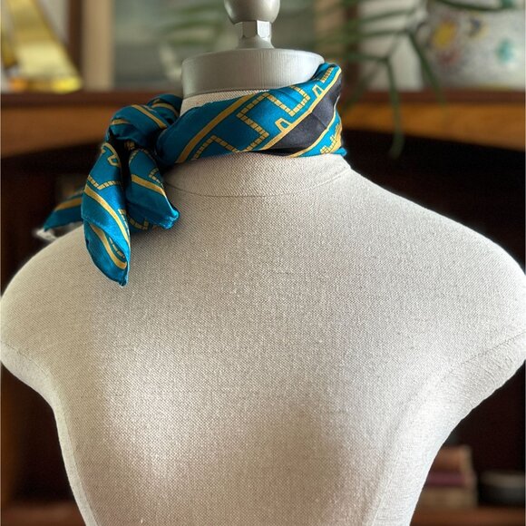 Vintage Vera Neumann Geometric Silk Scarf in Turquoise, Black & Gold New Old Sto - Picture 7 of 13